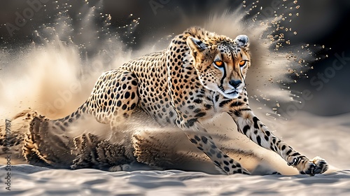 photorealistic cheetah in full sprint with dust billowing and intense focus