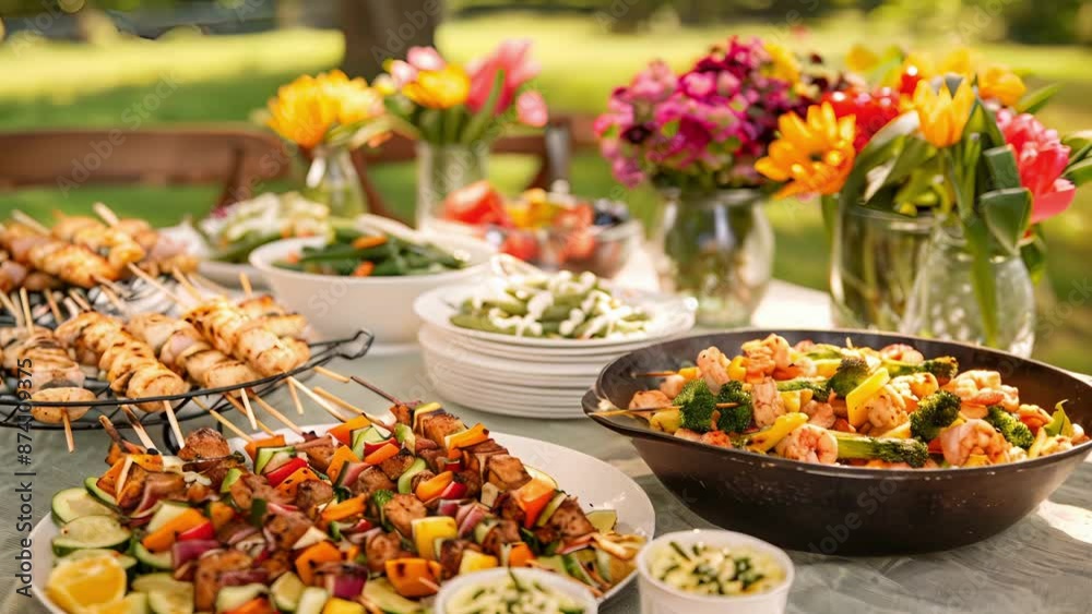 A family celebrates the arrival of spring with a boisterous meal in a meadow complete with grilled veggies succulent shrimp skewers and a variety of fresh zesty dips. A family celebrates the arrival of spring with a boisterous meal in a meadow complete with grilled veggies succulent shrimp skewers and a variety of fresh zesty dips.