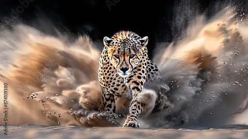 photorealistic cheetah in full sprint with dust billowing and intense focus