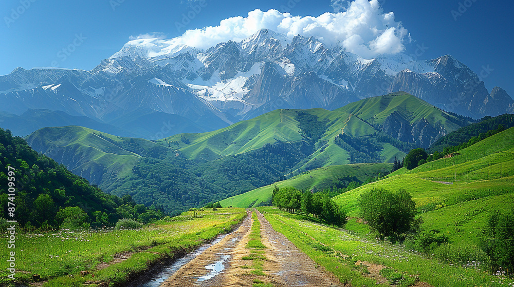  Magnificent, snow-capped mountains rising majestically from lush, verdant hills.