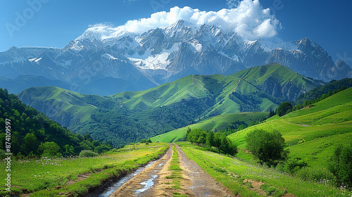  Magnificent, snow-capped mountains rising majestically from lush, verdant hills.