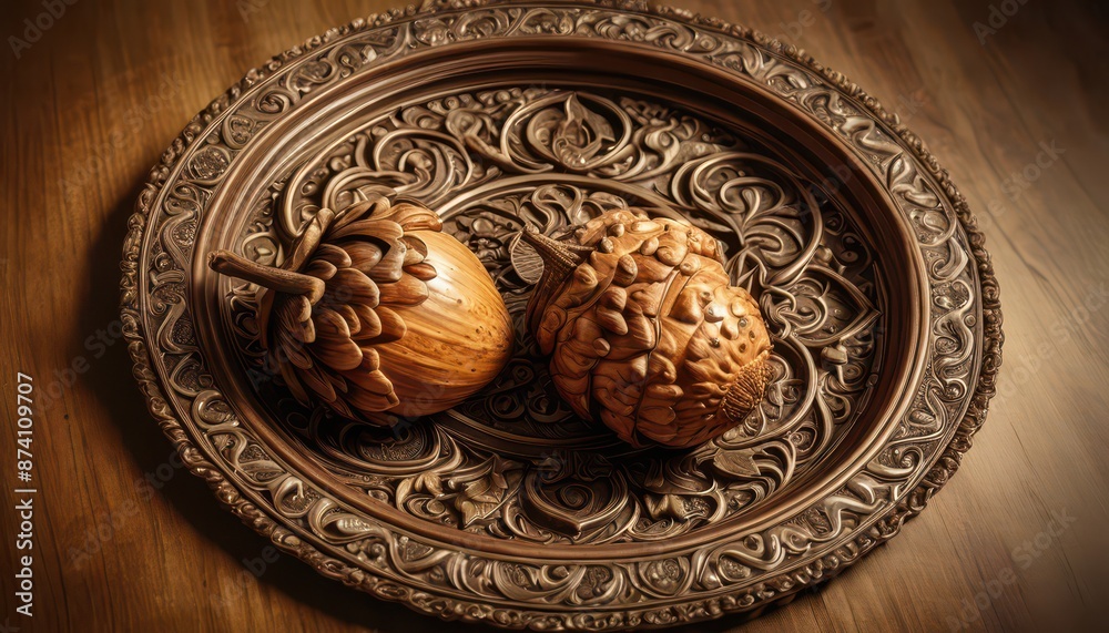 Ornate Tray with Wooden Ornament. Ornate Tray with Wooden Ornament.
