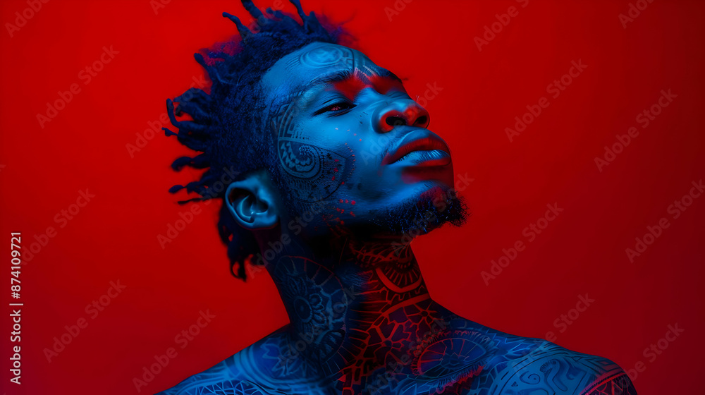 Portrait of a Tattooed Man with Red and Blue Lighting - Illustration Portrait of a Tattooed Man with Red and Blue Lighting - Illustration