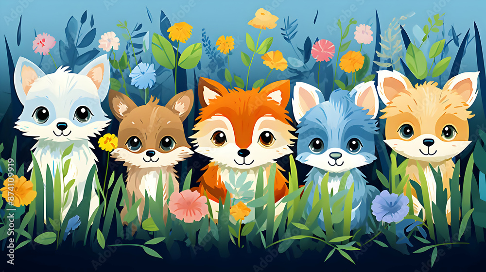 Cute Cartoon Animals in Flowers Illustration Cute Cartoon Animals in Flowers Illustration