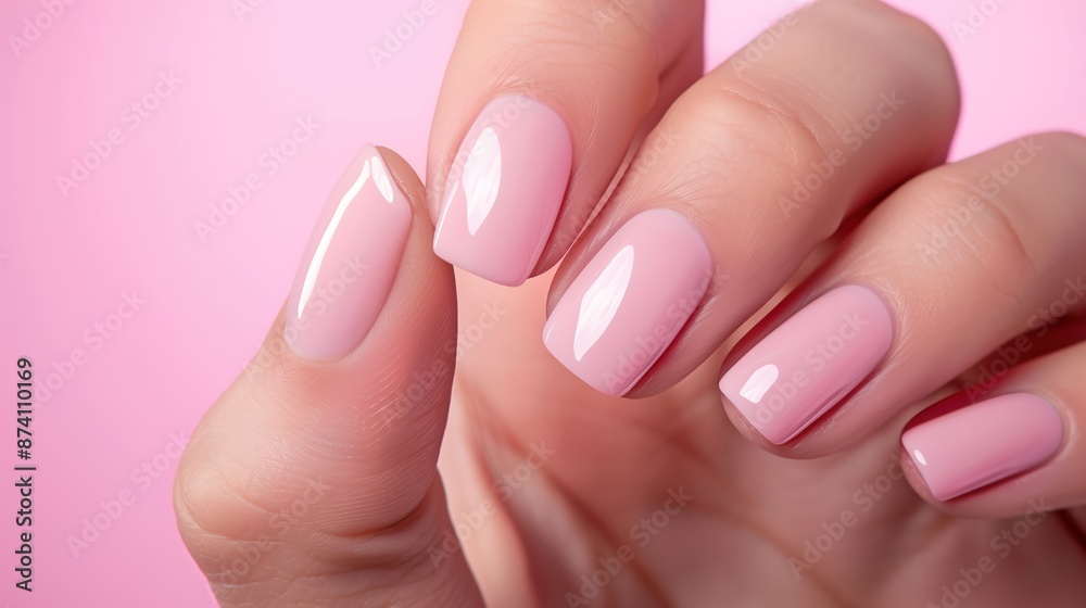 Close-up of a hand with perfectly manicured nails painted in a soft pink polish. Close-up of a hand with perfectly manicured nails painted in a soft pink polish.