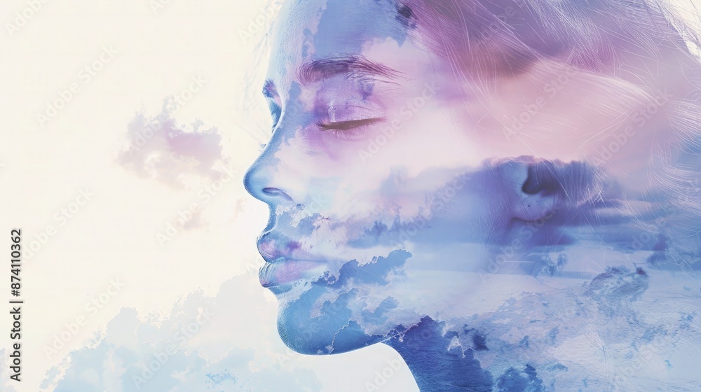 Double exposure of a gentle abstract watercolor sky blending with a female face in shades of lavender and blue, creating a sad expression. Double exposure of a gentle abstract watercolor sky blending with a female face in shades of lavender and blue, creating a sad expression.
