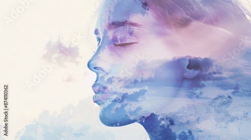 Wallpaper Mural Double exposure of a gentle abstract watercolor sky blending with a female face in shades of lavender and blue, creating a sad expression. Torontodigital.ca