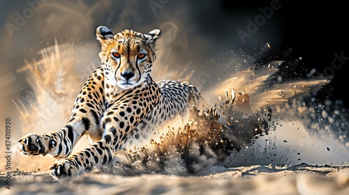 photorealistic cheetah in full sprint with dust billowing and intense focus