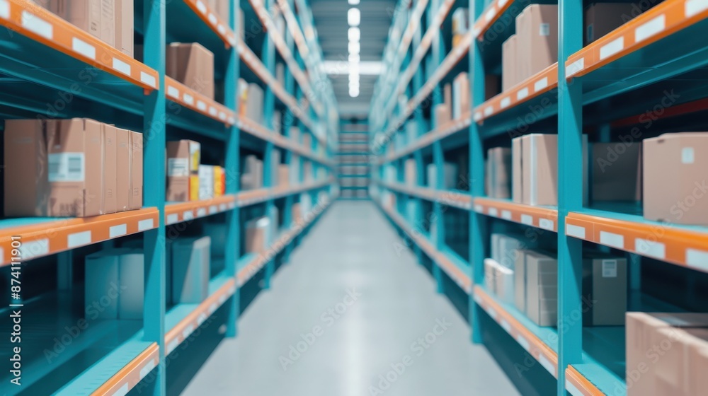 Empty aisle in a large warehouse with shelves filled with cardboard boxes.