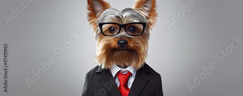 Yorkshire Terrier Dog Dressed in a Suit and Glasses