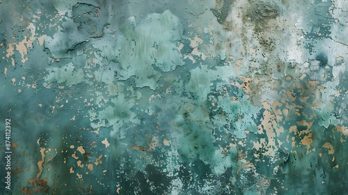 Elegant faux patina effect on a metal surface, highlighting the distressed and oxidized look with green and blue hues