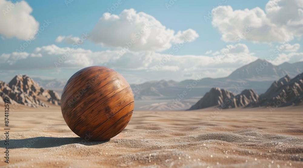 Wooden Earth sphere with sand on the ground, desert background, Wooden Earth sphere with sand on the ground, desert background,