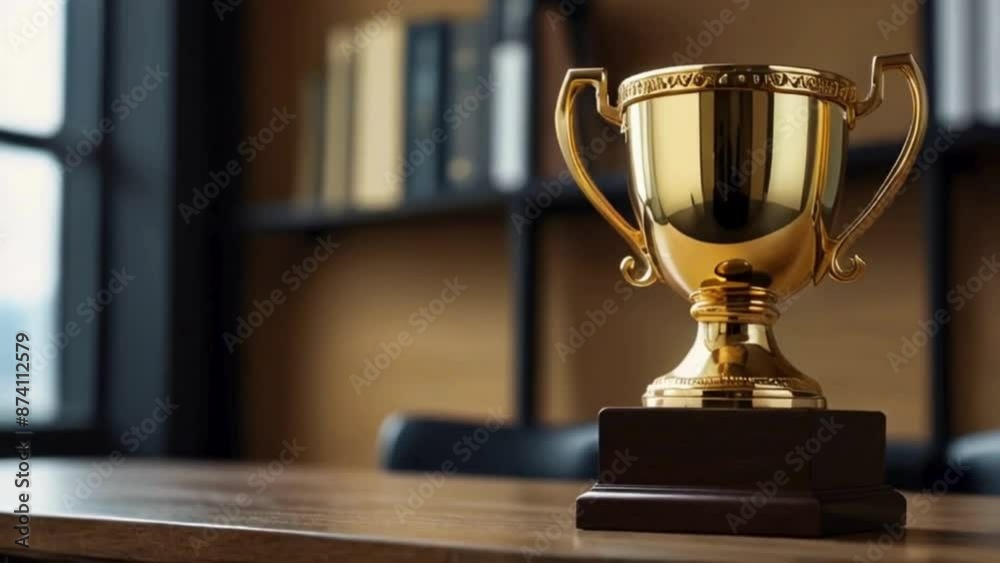 Gold Trophy on Wooden Desk in Office Gold Trophy on Wooden Desk in Office
