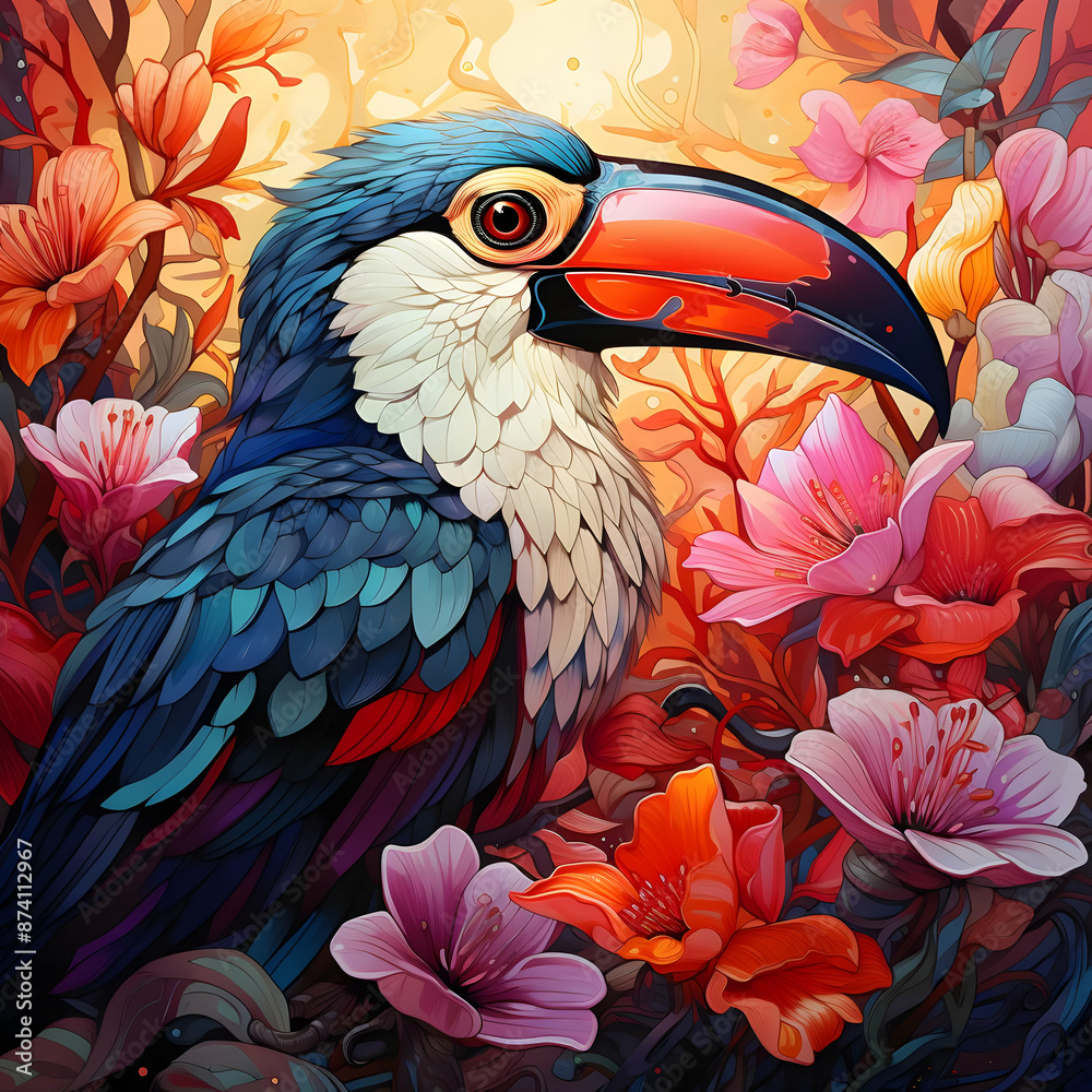 Fototapeta premium Colorful Toucan Illustration with Floral Background