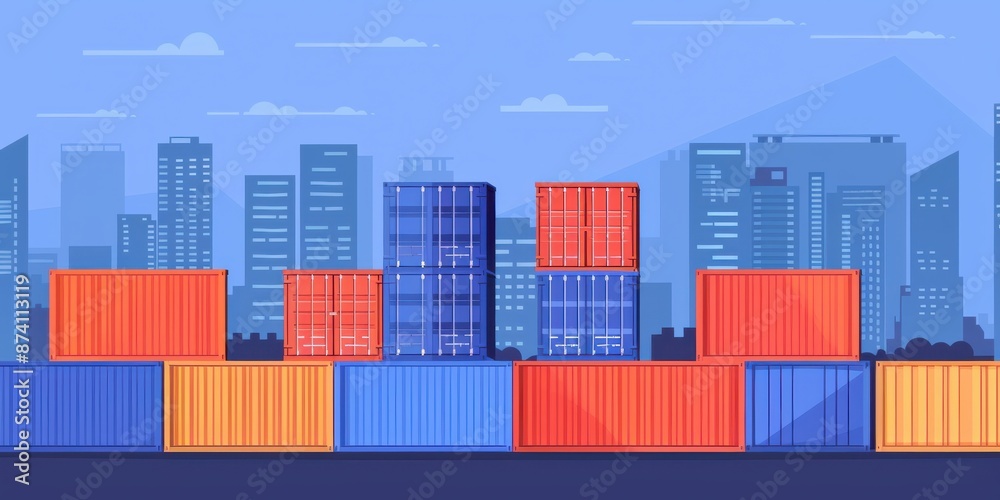 Fototapeta premium Shipping containers lined up against a city skyline.