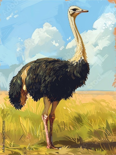 An illustration of an ostrich in the field landscape. photo