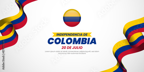 20 july Colombia Independence Day greeting card. Waving colombian flags isolated on white background