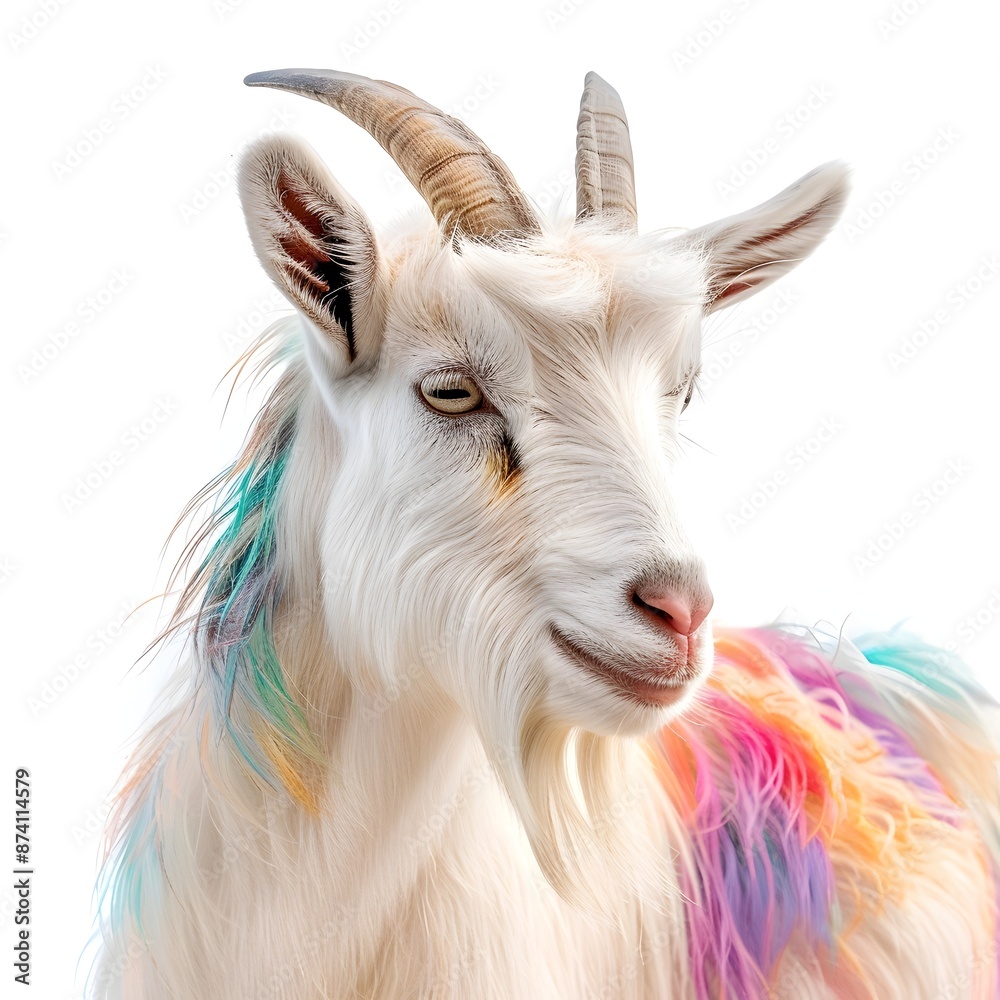 Fototapeta premium Vibrant Goat Portrait with Unique Fur Patterns Isolated on White Background