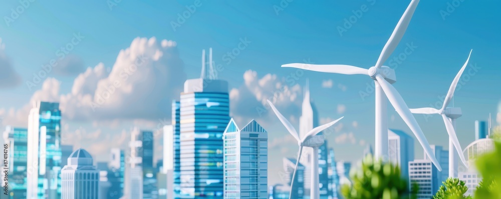 Wind turbines stand tall over a city skyline, showcasing a clean energy future. Wind turbines stand tall over a city skyline, showcasing a clean energy future.