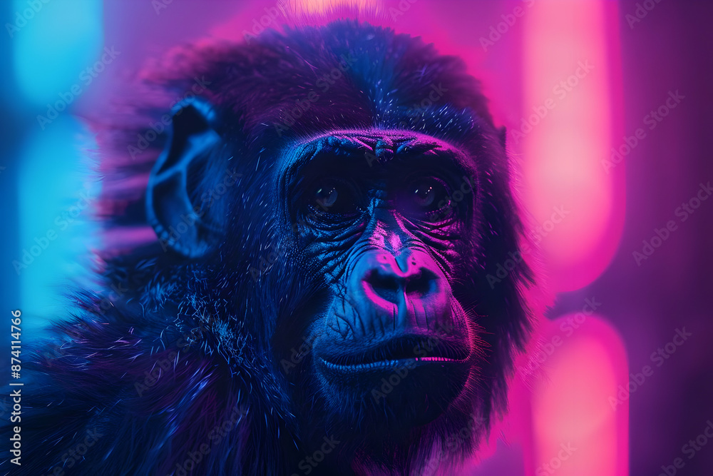 Chimpanzee Portrait in Neon Lights - Realistic Image Chimpanzee Portrait in Neon Lights - Realistic Image