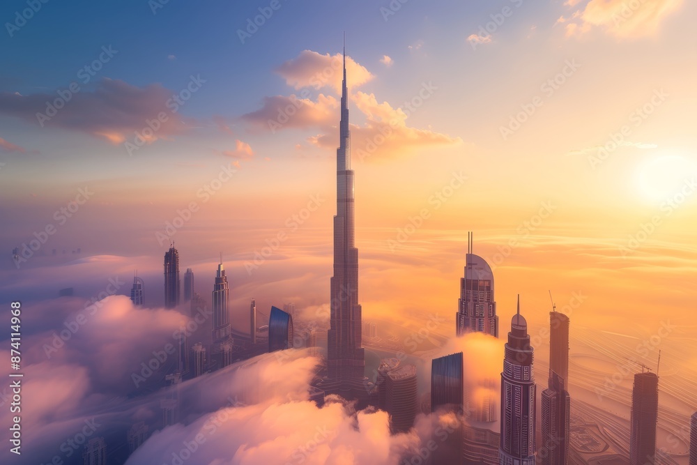 Sunrise photo of skyscrapers in the morning above the clouds Sunrise photo of skyscrapers in the morning above the clouds