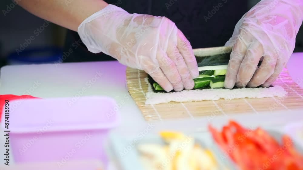Hands sushi maker in white gloves wrapping cucumber maki roll bamboo sushi mat in professional kitchen. Close up. Hands sushi maker in white gloves wrapping cucumber maki roll bamboo sushi mat in professional kitchen. Close up.