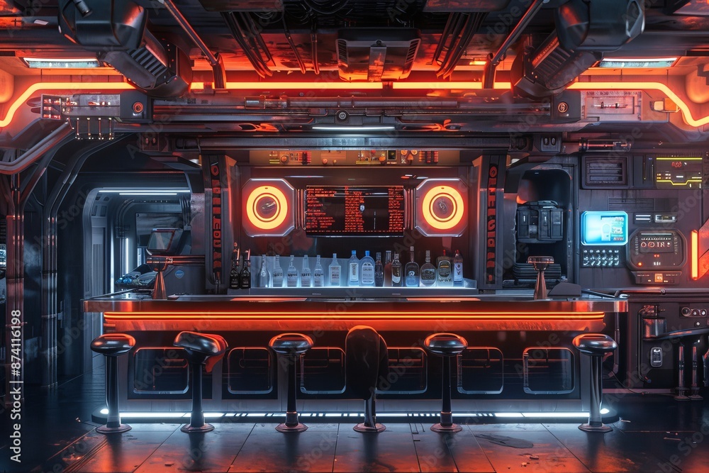 Interior of a futuristic alien drinks bar. CG rendering of a cyberpunk fantasy or science fiction setting.