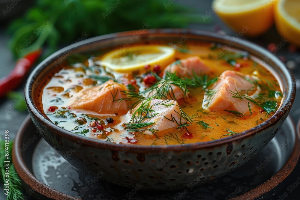 A bowl of ukha, Russian fish soup, garnished with fresh dill and lemon slices. A bowl of ukha, Russian fish soup, garnished with fresh dill and lemon slices.