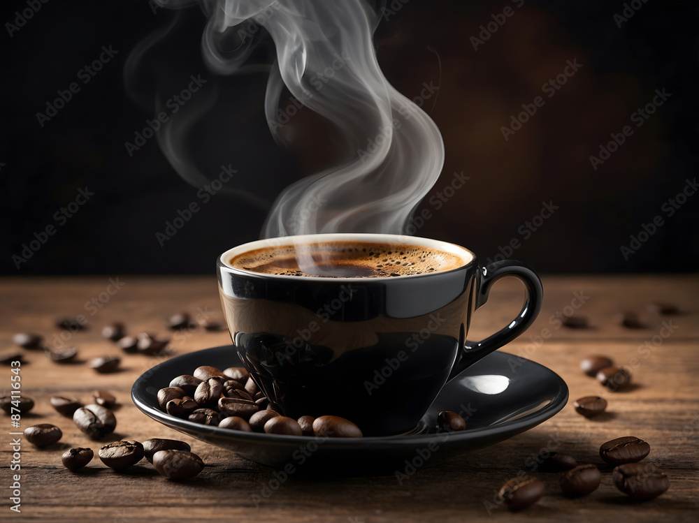 Black Coffee Cup with Foam and Coffee Beans on Rustic Wooden Table Black Coffee Cup with Foam and Coffee Beans on Rustic Wooden Table