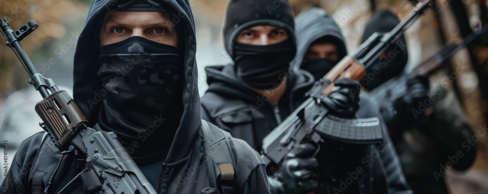 Criminal gang members with guns and rifles on the street. Intense and dramatic scene. Criminal gang members with guns and rifles on the street. Intense and dramatic scene.