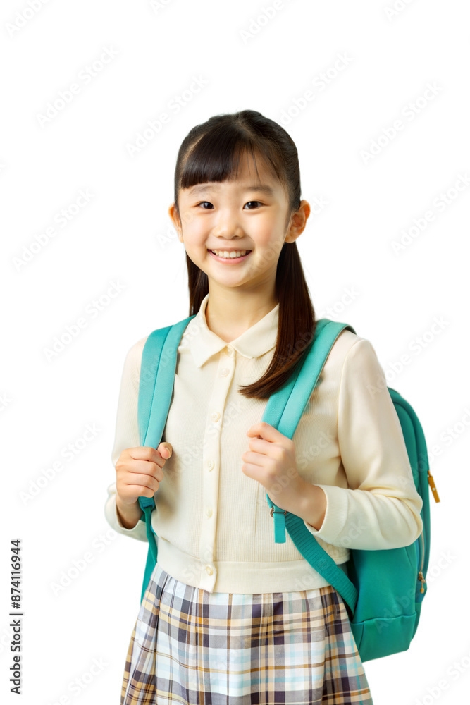 Happy ethnicity teen girl with backpack standing, and wearing short skirt and white shoe, PNG file transparent background. Education in high school college concept. Happy ethnicity teen girl with backpack standing, and wearing short skirt and white shoe, PNG file transparent background. Education in high school college concept.