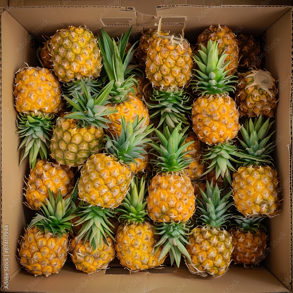Large cardboard box full of pineapples, the pineapple heads have yellowish-green leaves and rough skin. Large cardboard box full of pineapples, the pineapple heads have yellowish-green leaves and rough skin.