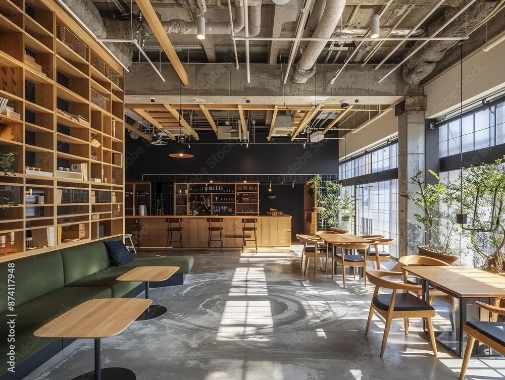 Modern Japanese Office Space with Natural Wood Dining Table, Industrial Style Ceilings, Concrete Floor, and Abundant Natural Light Modern Japanese Office Space with Natural Wood Dining Table, Industrial Style Ceilings, Concrete Floor, and Abundant Natural Light