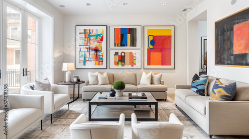 Contemporary living room showcasing a gallery wall with vibrant art, neutral-toned furniture, and a chic coffee table.