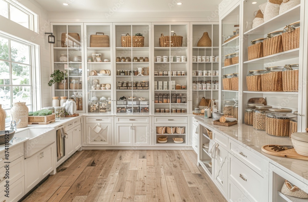 White and clean butler's kitchen with glass doors on the sides. Each door opens to reveal shelves filled with boxes full of baking ingredients. White and clean butler's kitchen with glass doors on the sides. Each door opens to reveal shelves filled with boxes full of baking ingredients.