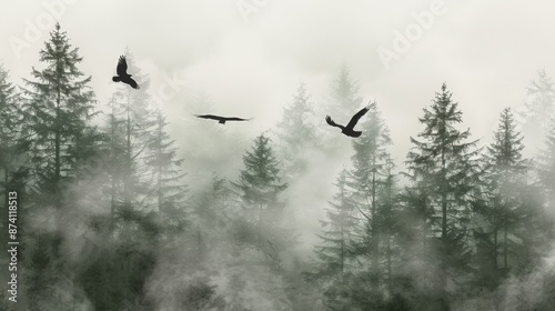 three birds flying in the air with the fog in the background