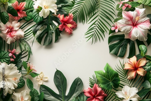 Tropical Floral Frame with Hibiscus Flowers and Green Leaves