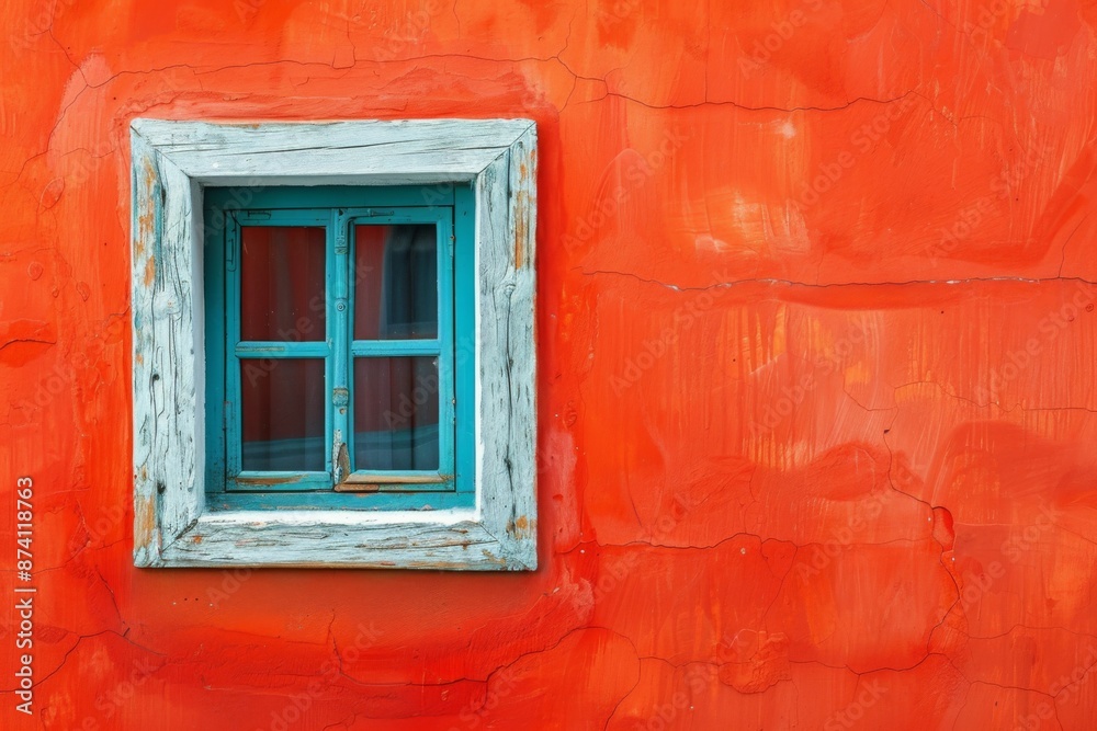 Vibrant rustic window on textured red wall Vibrant rustic window on textured red wall