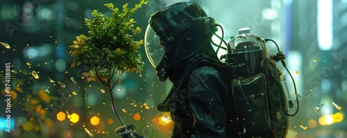 Cyberpunk figure with a glass backpack and oxygen tree. Futuristic and eco-friendly concept. © Dalibor