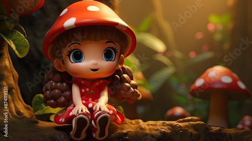 A cute little mushroom girl wearing a red skirt and white polka dot hat