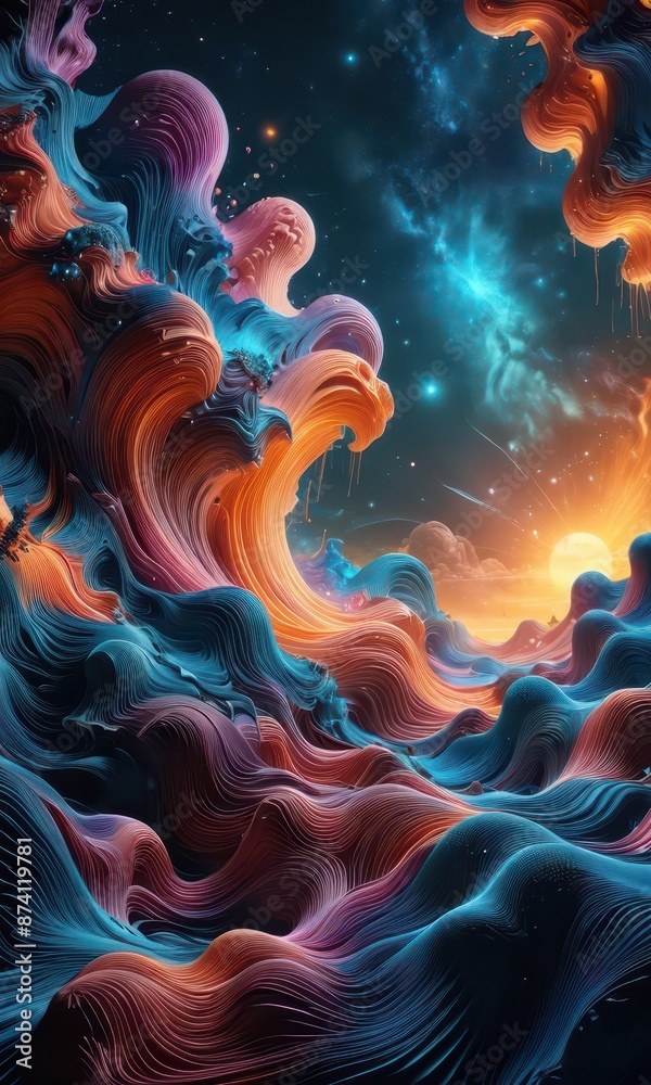 Obraz premium Abstract Wavy Landscape with Starry Sky.