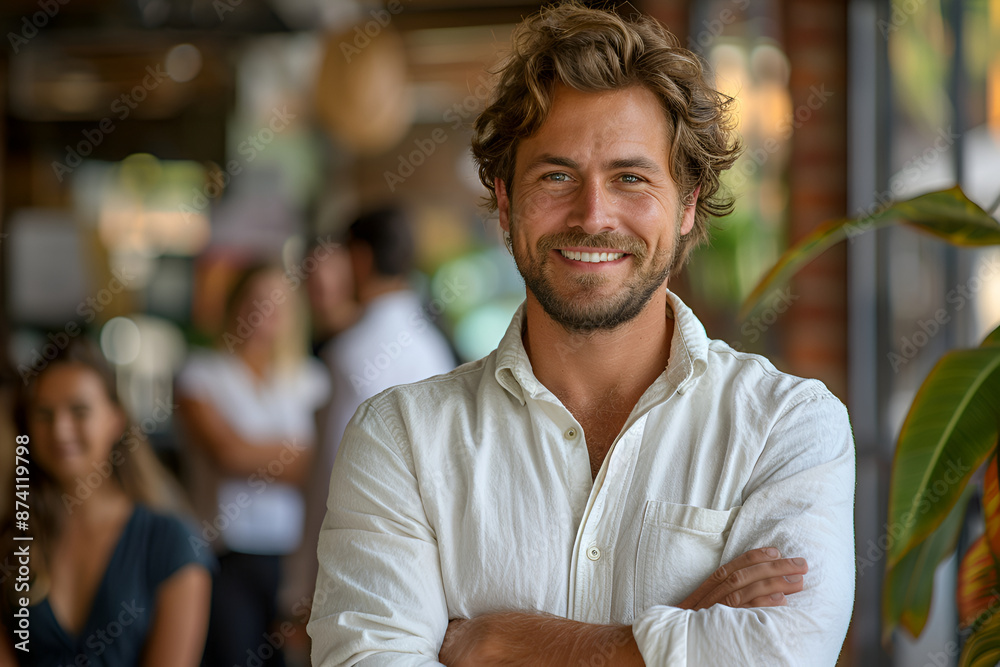 Obraz premium A smiling man with salt-and-pepper hair and a beard stands in a cozy, warmly lit cafe, creating a welcoming and relaxed atmosphere. 