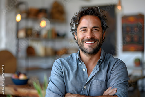 A smiling man with salt-and-pepper hair and a beard stands in a cozy, warmly lit cafe, creating a welcoming and relaxed atmosphere.
 photo