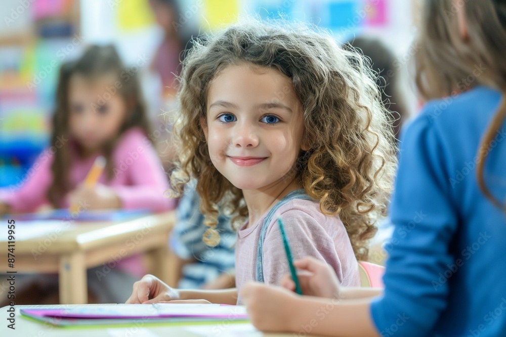 Smiling girl joyfully drawing among classmates in a lively classroom setting, fostering creativity and camaraderie, ideal for educational content promoting artistic expression and collaborative learni Smiling girl joyfully drawing among classmates in a lively classroom setting, fostering creativity and camaraderie, ideal for educational content promoting artistic expression and collaborative learni