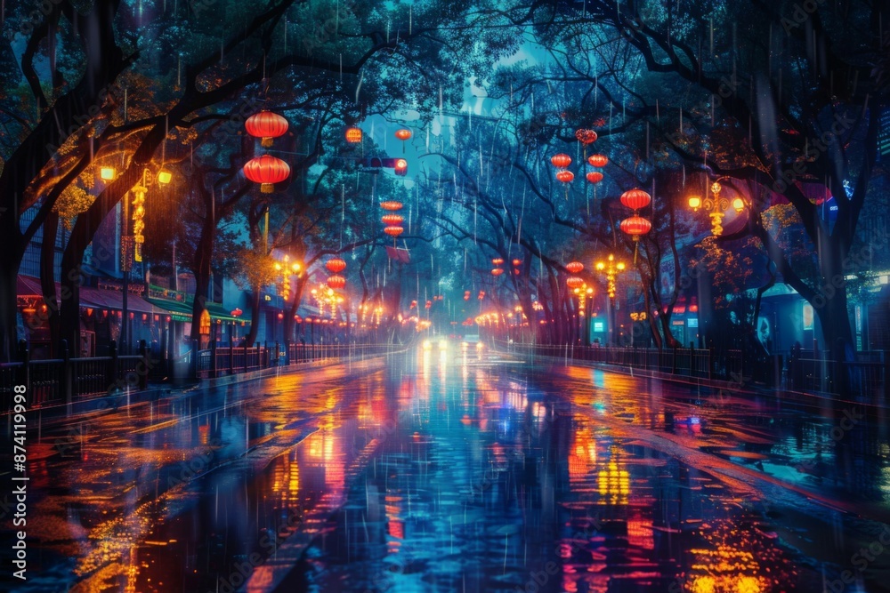 Naklejka premium Vibrant Rainy Night Street with Lanterns