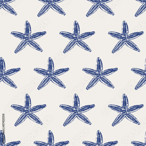 Vector sea animals seamless pattern. Starfish in blue on white.