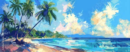 A beach scene with palm trees and a blue ocean. Free copy space for text.
