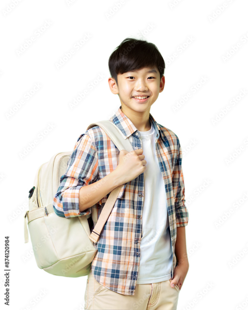 Happy Asian ethnicity teen boy hold backpack standing PNG file transparent background. Education in high school college concept. Happy Asian ethnicity teen boy hold backpack standing PNG file transparent background. Education in high school college concept.