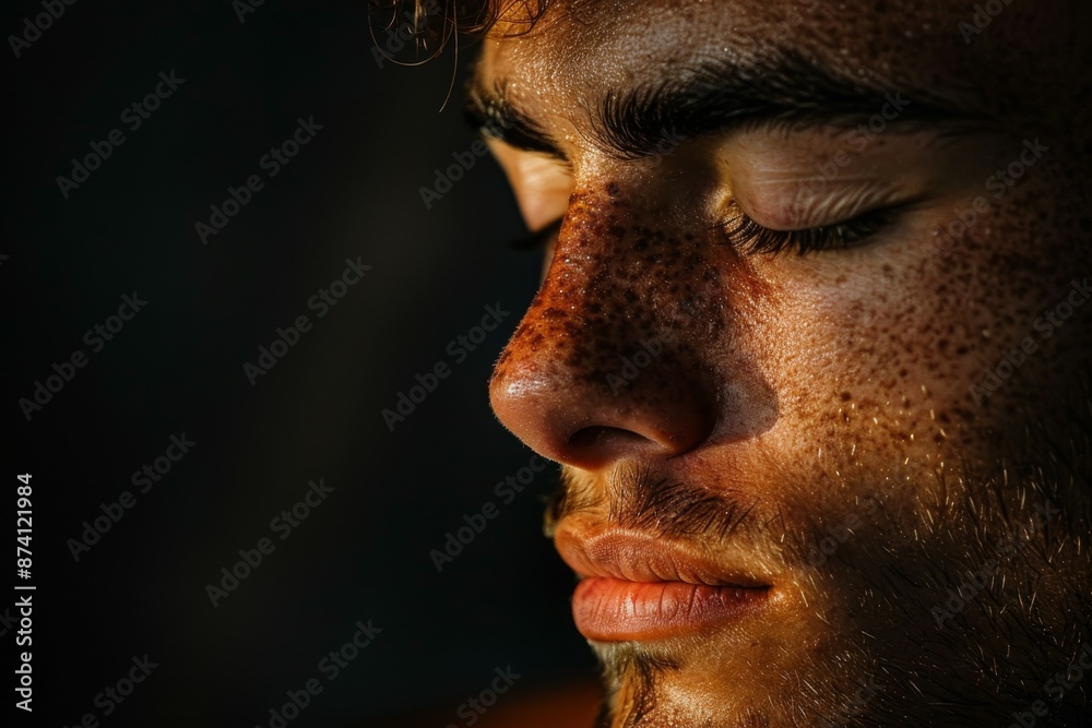Young Man with Freckles and Closed Eyes in Dramatic Lighting Young Man with Freckles and Closed Eyes in Dramatic Lighting