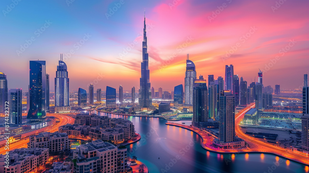 Naklejka premium Illustration, view of Dubai from its Burj Khalifa, unusual light against the city's background, cinematic effect, unusual town of the United Arab Emirates.
